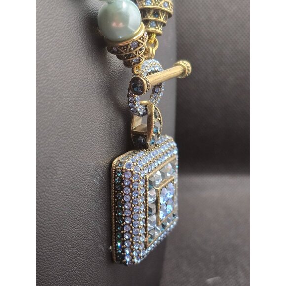 Heidi Daus Pearl Necklace Rhinestone Square Pendant Pale Aqua Blue - Picture 8 of 12